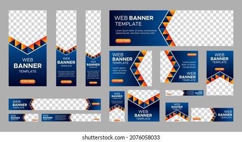 Diseño de banderas vectoriales azules de tamaños estándar con un lugar para una foto. Plantillas web verticales y horizontales con elementos semicirculares y un botón.