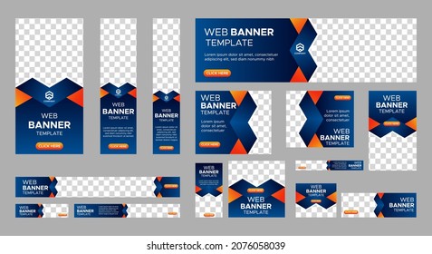 Design of vector blue banners of standard sizes with a place for a photo. Vertical and horizontal web templates with semicircular elements and a button.