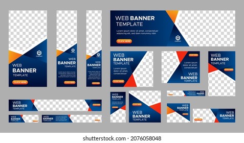 Design of vector blue banners of standard sizes with a place for a photo. Vertical and horizontal web templates with semicircular elements and a button.