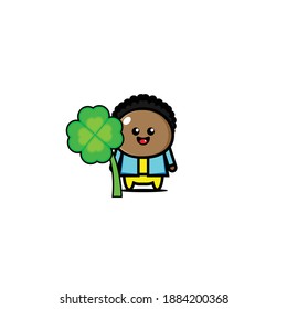 Design vector boy cute curly haired bring lucky clover
