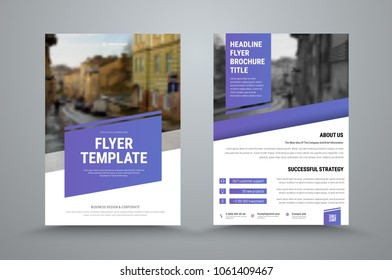 design of a vector brochure with diagonal elements and a place for a photo. A template of two sides of a white with a purple business flyer.