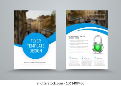 design of a vector brochure with round and semicircular elements and a place for a photo. A template of two sides of a white with a blue business flyer for printing and advertising.