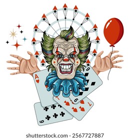 Design vector cartoon illustration with symbols of circus, carousel, crazy, scary clown, hands, poker cards and red balloon  for mascot, t-shirt, stickers, clipart isolated on white