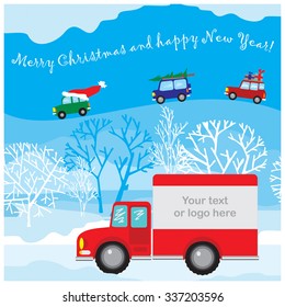 Design of vector Christmas and New Year card. Funny car driven by gifts on the background of the winter woods.