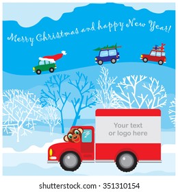 Design of vector Christmas and New Year card. Funny car with monkey driven by gifts on the background of the winter woods.