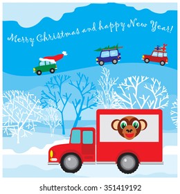 Design of vector Christmas and New Year card. Funny car with monkey driven by gifts on the background of the winter woods.