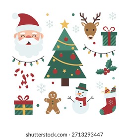 ​Conjunto de Navidades de Vector de diseño plano con Santa Claus, un pino decorado, renos, regalos, un muñeco de nieve, bastones de caramelo, acebo y luces de cuerda sobre un fondo blanco. Perfecto para gráficos de vacaciones.