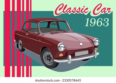 Design Vector of Classic Car Series in Maroon Color in Pink Lines And Green Background. Suitable for Poster and T-shirt Design.