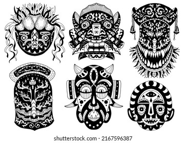 Design vector collection of black and white ethnic african and asian masks, doodle hand drawn illustrations isolated on white