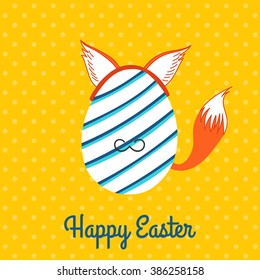Design of vector colorful greeting card with polka dots on yellow background, blue lettering Happy Easter, white egg with cute fox ears on hair band, tail and stripes. Retro or vintage style.