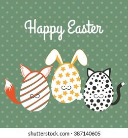 Design of vector colorful greeting card with polka dots on green background, white lettering Happy Easter, eggs with cute rabbit, fox and cat ears on hair band and tails. Retro or vintage style.