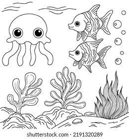 Design Vector Coloring Page Fish in Sea for Kid