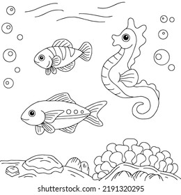 Design Vector Coloring Page Fish in Sea for Kid