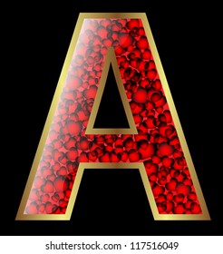 Design of a vector decorative alphabet with gold, glossy effect and heart embellishment