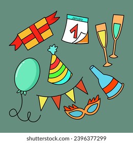 Design vector element  happy new years collection, hand drawn. Flat line, color style, illustration