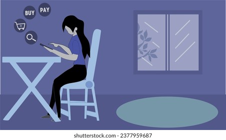 Design vector flat illustration abaout woman that accesing online shop via handphone, can be used as webpage etc, layered and editable stroke