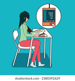 Design vector flat illustration about woman that self checking her blood pressure at home follow concept medication at home, layered and editable stroke