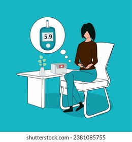 Design vector flat illustration about a woman that checking her sugar blood or glucose by herself in the home, follow concept medication at home, layered and editable stroke