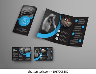 Design of a vector folding brochure with round blue elements and a place for the image. A template of a black universal flyer, a booklet for business, sports.