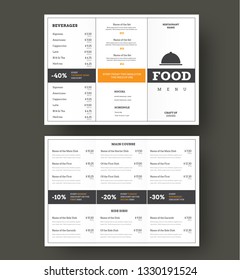 Design vector folding menu for cafes and restaurants with vertical and horizontal blocks for text and shares. White color patterns with black strokes.