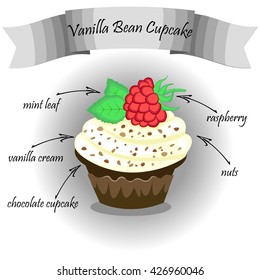 design Vector frame with cake with raspberries. chocolate cake with raspberries , vanilla cream and mint leaves. eps 10 vector illustration