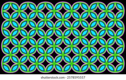 Design vector geometric pattern in vibrant green and blue. Dark background and wallpaper in ethnic style. Seamlees pattern with geometric flower. Floral background vector design