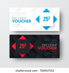 Design of vector gift voucher with rhombuses on background and text. Universal white and black flyer template for discounts. Set