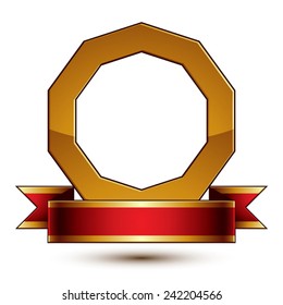 Design vector golden ring template with red curvy ribbon, 3d round aristocratic badge isolated on white background. Eps8 sophisticated escutcheon. 