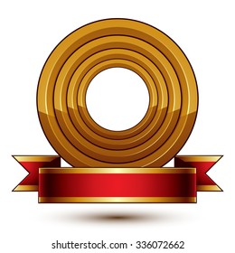 Design vector golden ring template with red curvy ribbon, 3d round aristocratic badge isolated on white background. Eps8 sophisticated design element.