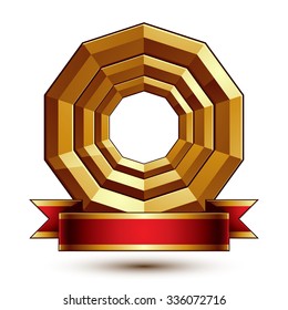 Design vector golden ring template with red curvy ribbon, 3d round aristocratic badge isolated on white background. Eps8 sophisticated escutcheon.
