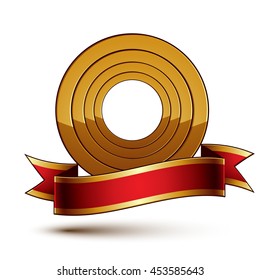 Design vector golden ring template with red curvy ribbon, 3d round aristocratic badge isolated on white background. Eps8 sophisticated escutcheon.