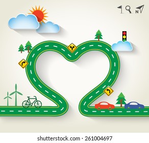 Design vector green road in form of heart with clouds and transportation icon. Romantic background with concept of travel, ecology, Vector Illustration EPS 10.