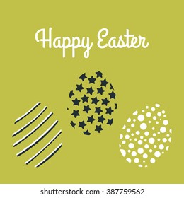 Design of vector greeting card on green background, white lettering Happy Easter, eggs with stripes, stars and dots. Modern style invitation or postcard.