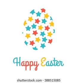 Design of vector greeting card on white background, lettering Happy Easter, one egg with stars. Modern style invitation or postcard.