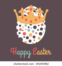 Design of vector greeting card on dark background, lettering Happy Easter, one egg with dots and gold crown with gems. Retro or vintage style invitation or postcard.