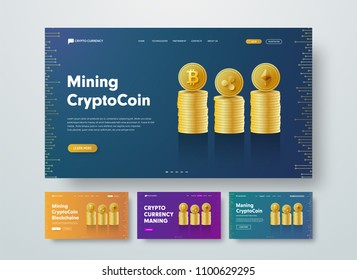 Design vector header for crypto currency with gold stacks of coins Bitcoin, Ethereum and Ripple. Template banner with blue, purple and orange gradients, buttons and text. Set