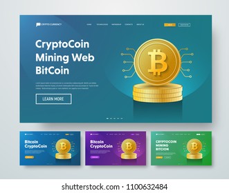 Design vector header with gold stacks of Bitcoin coins and elements of microcircuits. Template banner with blue and purple gradients, buttons and text. Set