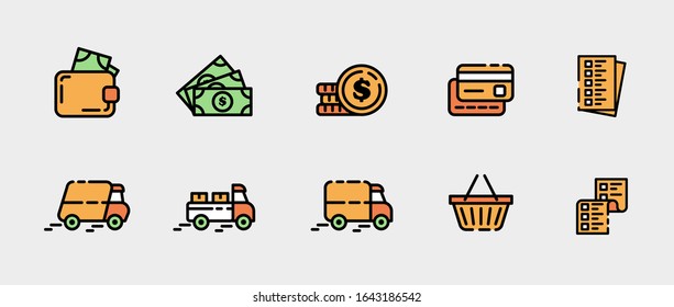 Design of vector icons on the topic of sales in the online store, card payment and delivery. Linear illustrations template in orange, yellow and green. Set with money, cart purchases and a checklist.