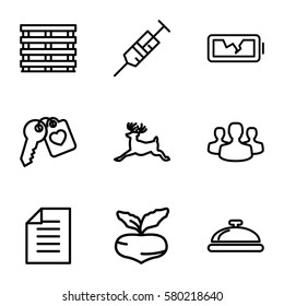 design vector icons. Set of 9 design outline icons such as dish, deer, beet, syringe, cargo box, heart key, paper, broken battery