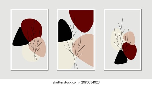 design vector illustration 3 types abstract shape plant and flowers art design for print, background, cover, wallpaper, minimalist and natural wall art.