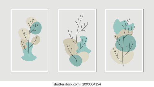 Design, Vektorgrafik 3 Typen abstrakte Form Pflanzen und Blumen Kunstdesign für Druck, Hintergrund, Abdeckung, Tapete, minimalistische und natürliche Wandkunst.