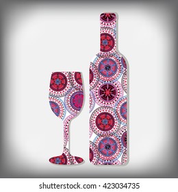 design -vector illustration. Bottle of wine and a glass on isolated background. Lace ornament.