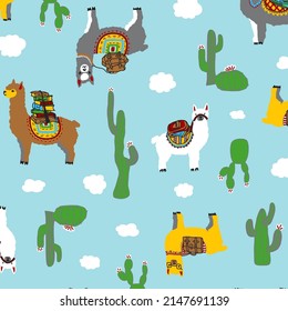 design vector illustration cute animal and trees, cactus, cloud, Llama, background color