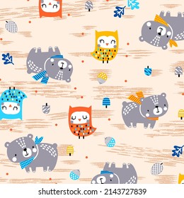 design vector illustration cute baby animals, owl, bear, with background color
