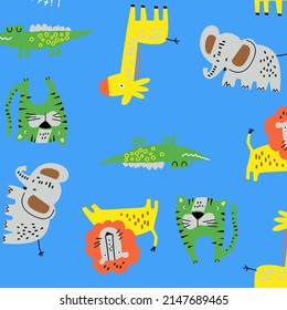 design vector illustration cute and fun animals, elephant, tiger, lion, giraffe and crocodile with background color