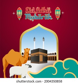 Design Vector Illustration Eid Adha Mubarak with Ka'bah Background Complete with lantern ornament.