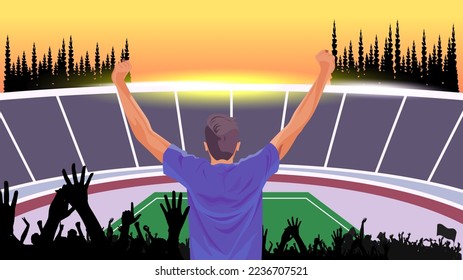 design vector illustration of football fans cheering happily in the stadium, theme of football match. soccer