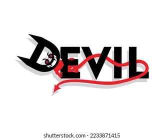 design vector illustration of an inscription or word that reads DEVIL where the letter D is modified to form a head like a red-eyed devil and there is also a red tail around the word or letter
