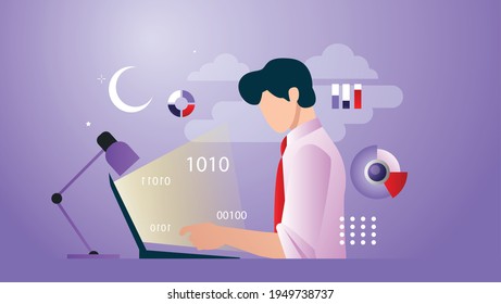design vector illustration of a man doing office work late, calculate business development