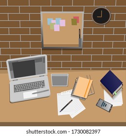 ilustración vectorial de diseño del espacio de trabajo creativo moderno, vista superior con tabla texturizada, computadora, laptop, smartphone, stickers